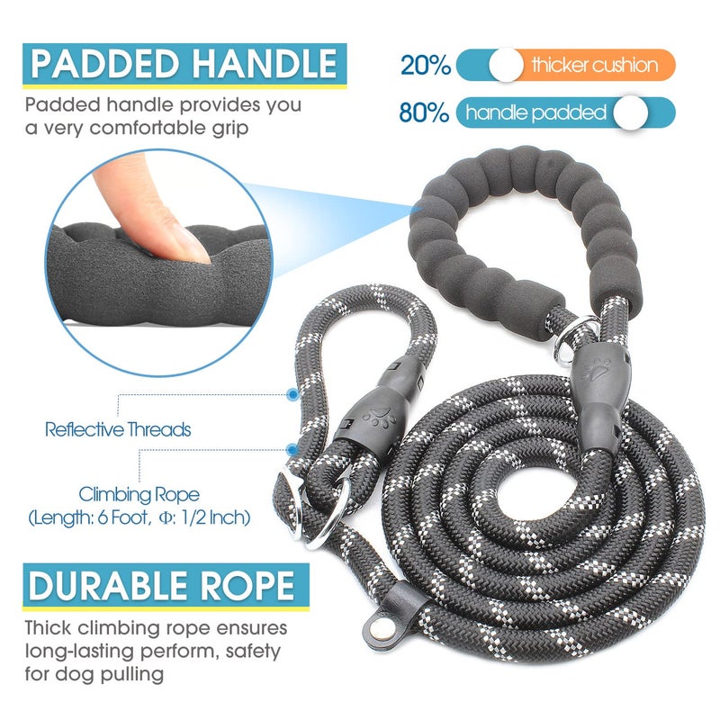 BAAPET 6 Feet Slip Lead Dog Leash Anti-Choking with Upgraded Durable Rope Cover and Comfortable Padded Handle for Large, Medium, Small Dogs Trainning with Poop Bags and Dispenser (Black) - Image 2